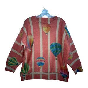 BUYKUD Hot Air Balloon Novelty Print Women’s M Sweater Chunky Pink Tan Stripe
